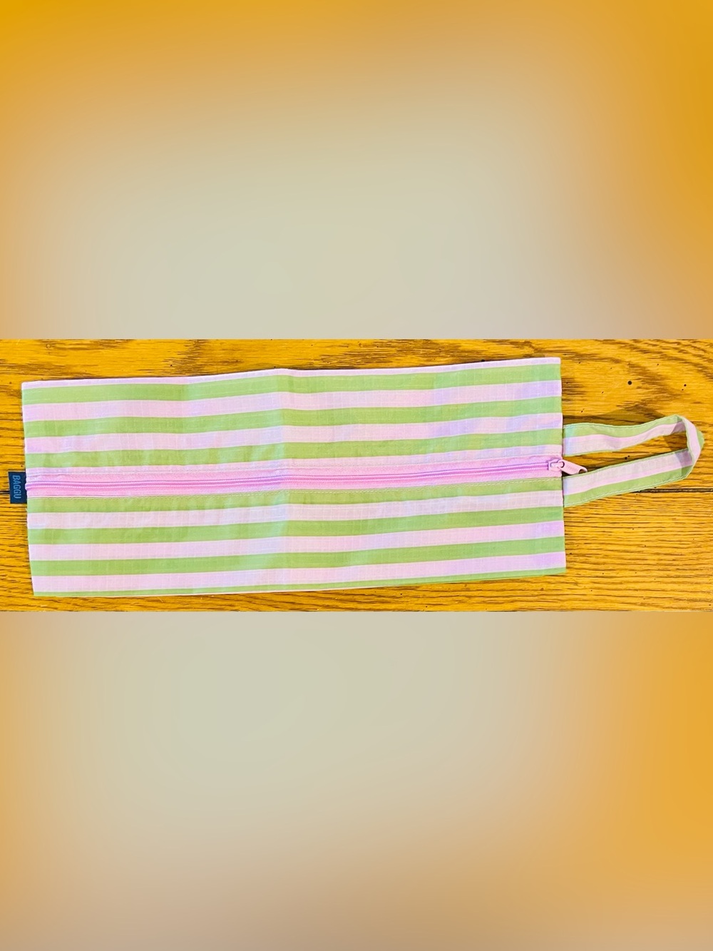 NWOT BAGGU 3D Zip Pouch, pink/green stripe, large, top zipper